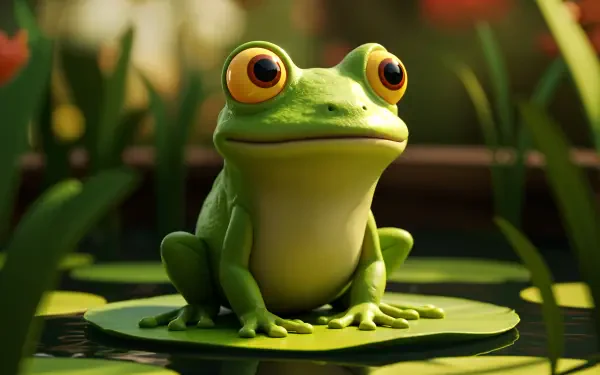 A vibrant bullfrog perched on a lily pad, surrounded by lush greenery, captured in stunning 4K Ultra HD, creating a captivating desktop wallpaper and background.