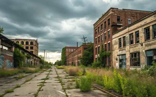 An atmospheric scene of urban decay shows crumbling buildings alongside overgrown vegetation and a cracked road under a moody sky. Ideal for a 4K Ultra HD desktop wallpaper.
