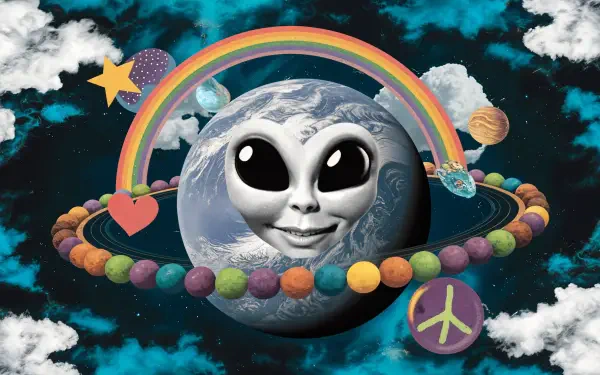 A whimsical alien planet scene features a cartoonish alien face, colorful planets, a rainbow, and playful symbols, designed as an eye-catching 4K Ultra HD desktop wallpaper.