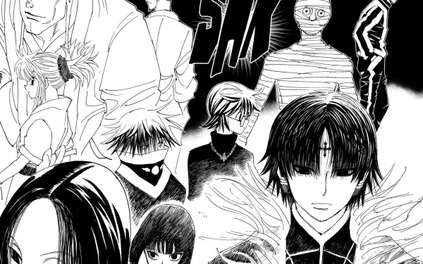 Black and white manga illustration featuring characters from Hunter x Hunter's Phantom Troupe, including Chrollo Lucilfer and Bonolenov Ndongo, set against a dramatic background.