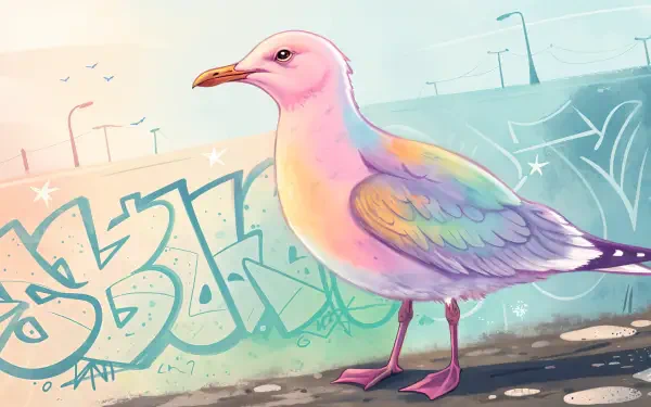 A colorful seagull stands against a graffitied wall, bringing a vibrant touch to this 4K Ultra HD PC desktop wallpaper and background.