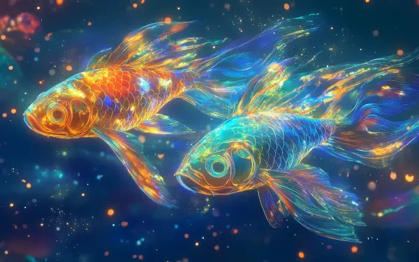 A vibrant underwater scene featuring colorful goldfish swimming, illuminated by shimmering lights, creating a stunning HD desktop wallpaper background.