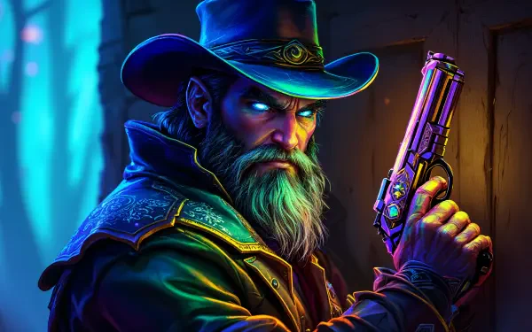A dramatic 4K Ultra HD PC desktop wallpaper featuring a rugged, bearded figure in a cowboy hat, wielding a futuristic gun against a vibrant, colorful background.