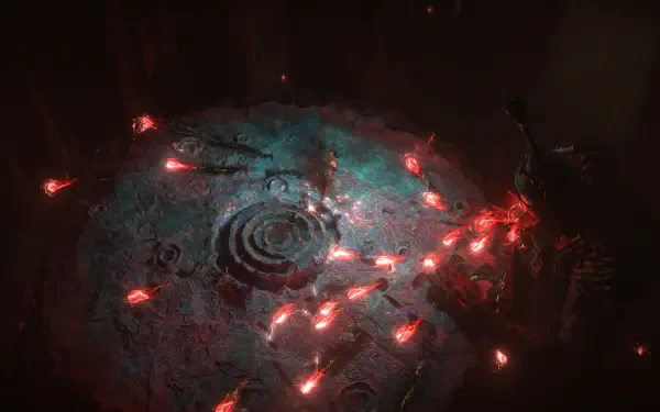 A vibrant 4K Ultra HD wallpaper from Path of Exile 2, depicting a mystical scene with glowing red elements surrounding a central spiral pattern.