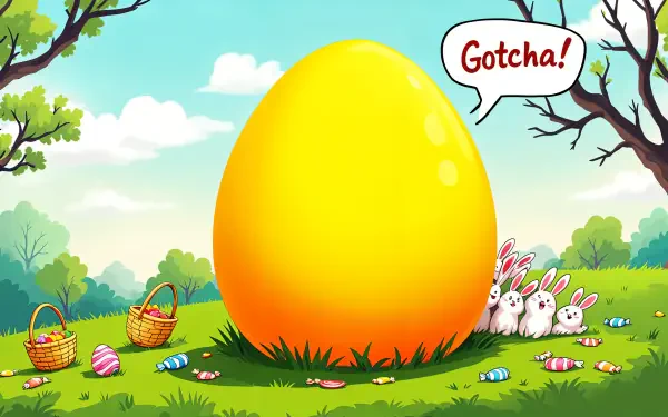 A vibrant yellow Easter egg towers over a grassy field, with playful bunnies and colorful eggs scattered around. The scene is enhanced by a cheerful Gotcha! speech bubble.