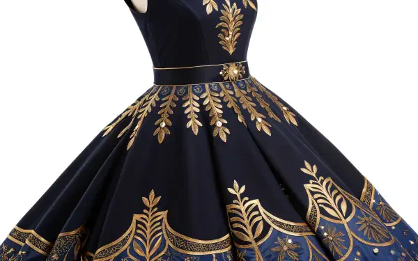 A stunning black dress featuring intricate gold embroidery, captured in a vibrant 4K Ultra HD wallpaper, showcasing its elegant design and detailed craftsmanship.