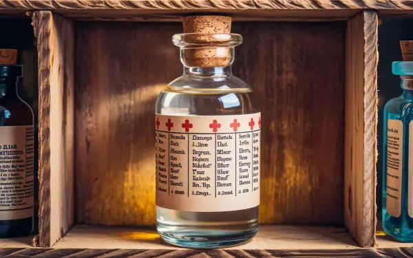 A vintage medicine bottle sits on a wooden shelf, surrounded by colorful bottles, showcasing an antique aesthetic perfect for a 4K Ultra HD wallpaper and background.