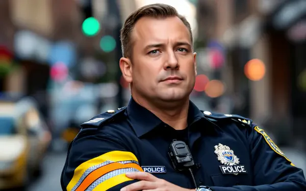 A confident police officer poses with arms crossed in an urban setting, captured in vibrant detail. This 4K Ultra HD image makes a striking desktop wallpaper and background.