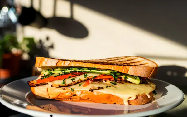A delicious panini with grilled vegetables and melted cheese sits on a plate, beautifully lit in soft natural light, captured as a 4K Ultra HD PC desktop wallpaper and background.