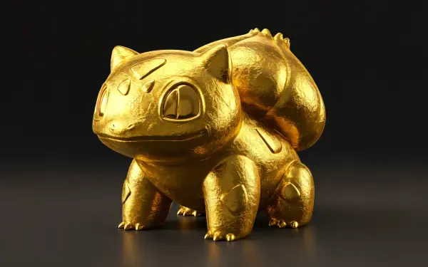 A stunning 4K Ultra HD wallpaper featuring a golden Bulbasaur from Pokémon, showcasing its iconic features in a sleek and shiny design against a dark background.