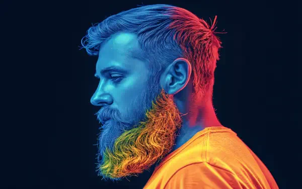 A vibrant, colorful profile of a bearded man against a dark background, showcased in 4K Ultra HD, highlighting bold hues and intricate facial features.