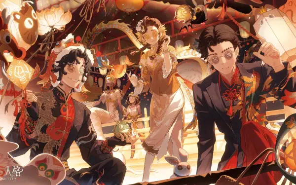 HD PC desktop wallpaper from video game Identity V: three stylish characters in ornate red-gold costumes amid lanterns and festival décor, warm lively background.