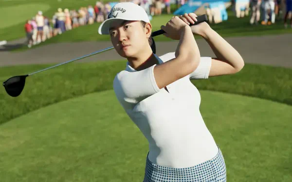 A golfer swings a club on the course in PGA TOUR 2K25, set against a vibrant backdrop of spectators enjoying the game. This high-definition image serves as an engaging desktop wallpaper.