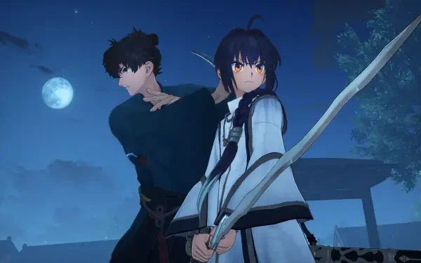 A dramatic HD wallpaper from Fate/Samurai Remnant features two characters poised for battle under a moonlit sky, showcasing intense expressions and dynamic poses.