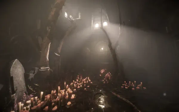 A haunting scene from the video game Total Chaos, featuring a dimly lit environment with candles and eerie shadows, creating an atmospheric backdrop for HD PC desktop wallpaper.
