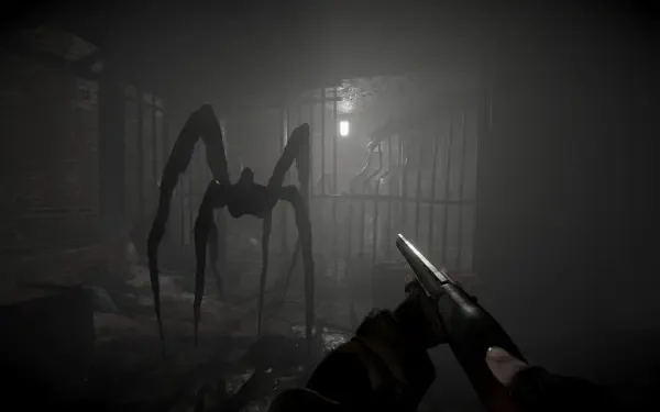 A dark, eerie scene from the video game Total Chaos, featuring a menacing creature in a foggy environment, illuminated by dim light. 4K Ultra HD wallpaper for PC.