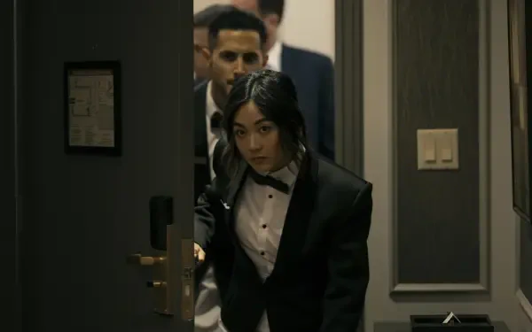 A dramatic scene from the TV show The Boys (2019), featuring characters in formal attire as they enter a room, capturing the show's intense atmosphere. HD wallpaper for desktop backgrounds.