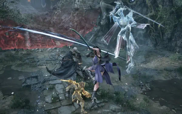 Dynamic scene from the video game *Tides of Annihilation*, featuring characters in a fierce battle with striking swords illuminated in a detailed 4K Ultra HD environment.