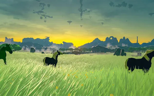 The Legend of Zelda: Tears of the Kingdom HD PC desktop wallpaper — expansive grassy plain at sunrise, silhouetted horses in the foreground and drifting floating islands in the sky.