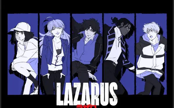 Anime LAZARUS 2K Quad HD PC desktop wallpaper/background: five stylized characters in narrow vertical panels on a deep blue-purple backdrop, bold LAZARUS logo at bottom.