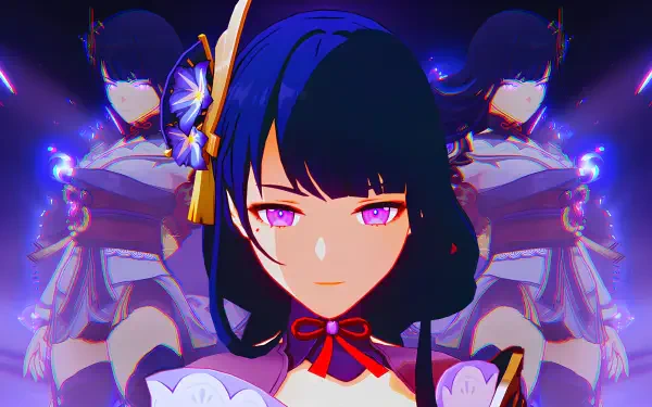 5K Ultra HD PC wallpaper of Ei (Genshin Impact) in Inazuma: close-up of her purple-eyed face with mirrored figures, neon-purple aura, ornate hair accessory and kimono.