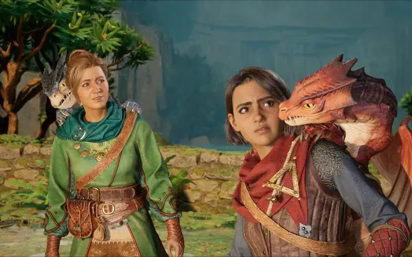 A captivating HD PC desktop wallpaper from the video game Split Fiction, featuring characters in intricate costumes and a mystical dragon in a lush, vibrant setting.