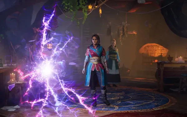 A vibrant HD desktop wallpaper from the video game Split Fiction, showcasing a character casting magic amidst a mystical setting filled with intriguing details and lighting effects.