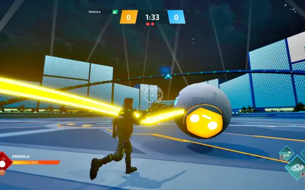 A dynamic scene from the video game Shotball, featuring a character using a neon yellow beam to interact with a glowing ball in an arena setting. HD PC wallpaper and background.