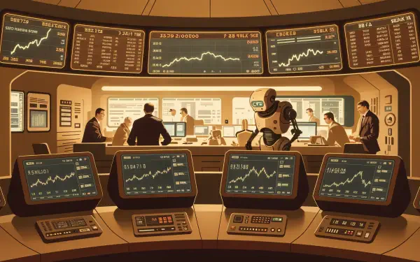 A futuristic stock market trading room features multiple screens displaying financial data, with traders and a robot assistant working together in a dynamic environment. 4K Ultra HD wallpaper.