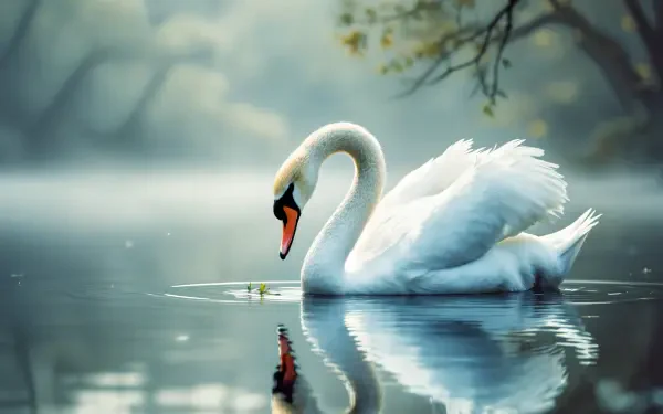 A serene mute swan gracefully glides across a misty lake, its reflection shimmering on the water's surface, perfect for a 4K Ultra HD desktop wallpaper.