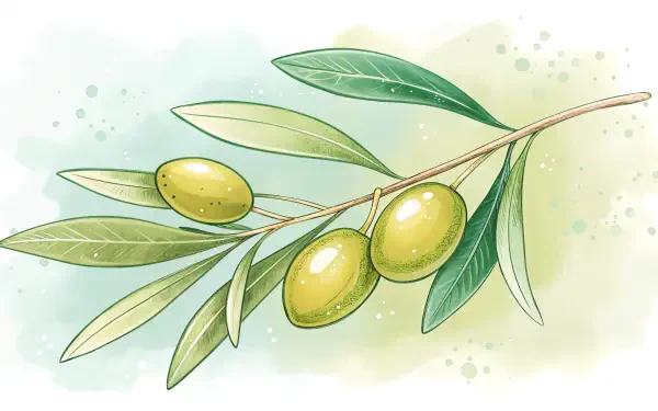 A vibrant illustration of a branch with green olives and leaves, set against a soft, pastel background, designed as a 4K Ultra HD PC desktop wallpaper and background.