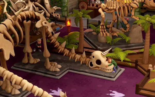 A vibrant HD wallpaper from the video game Two Point Museum, depicting dinosaur skeletons and playful characters amidst lush greenery and a colorful exhibit ambiance.