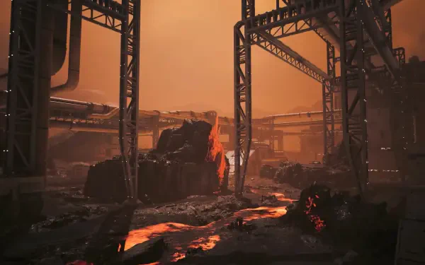 A dramatic HD wallpaper from the video game War Robots: Frontiers, featuring a rocky landscape with molten lava and industrial structures under an orange sky.