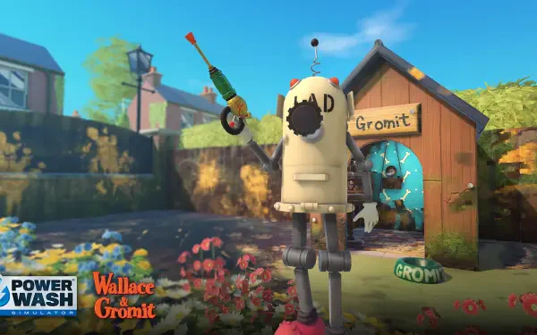 A whimsical scene from PowerWash Simulator featuring Wallace & Gromit's Special Pack, showcasing a quirky character in front of Gromit's doghouse amidst a vibrant garden backdrop.