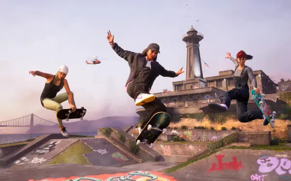 A dynamic scene from Tony Hawk's Pro Skater 3 + 4, showcasing skaters performing tricks against a vibrant backdrop of a skate park and distant landmarks in 4K Ultra HD.