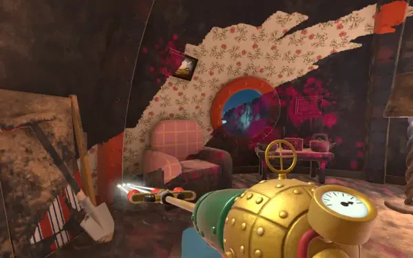 A vibrant HD wallpaper from PowerWash Simulator’s Wallace & Gromit Special Pack, showcasing a unique cleaning scene with a colorful pressure washer and vintage decor.