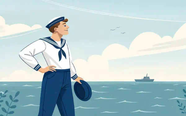 A stylish sailor stands confidently at the shore, gazing out at the ocean with a ship in the distance, set against a serene sky. 4K Ultra HD PC desktop wallpaper and background.