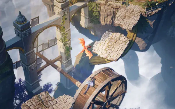 A stunning HD wallpaper from the video game Split Fiction, showcasing a fantastical landscape with a character navigating a wheel bridge and a vibrant bird soaring above.