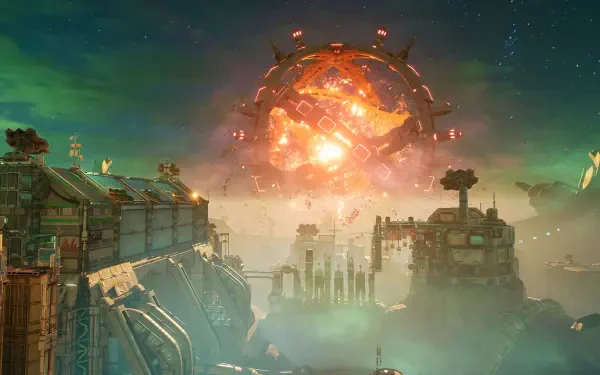 A stunning HD desktop wallpaper from the video game Split Fiction, featuring a dramatic landscape with explosive colors and futuristic architecture under a starry sky.