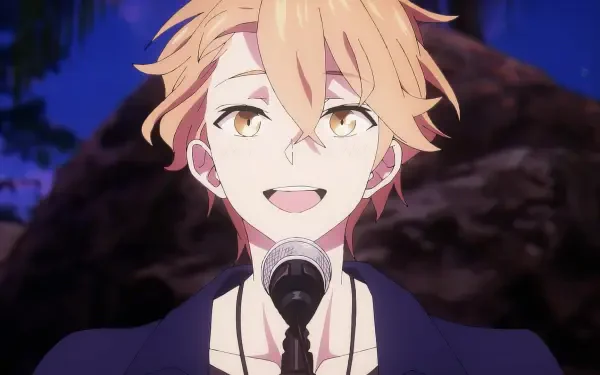 A vibrant HD wallpaper featuring a character from the anime UniteUp! Uni: Birth, smiling joyfully while speaking into a microphone against a twilight background.