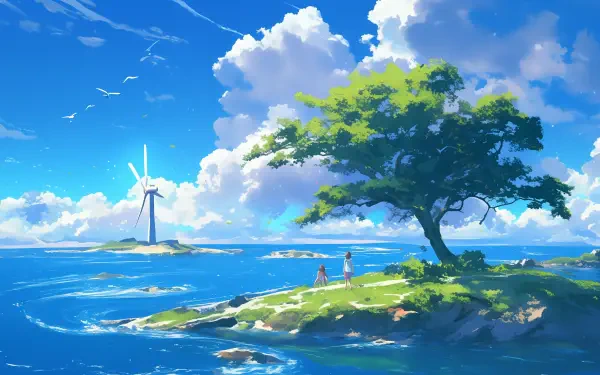 Vibrant anime summer scene depicting a serene island with lush trees, a wind turbine, and a crystal-clear sea under a bright blue sky, perfect as an HD PC desktop wallpaper.