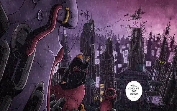 HD PC desktop wallpaper featuring Pain from Naruto standing in a dark, dystopian cityscape with ominous clouds, in anime and manga style.