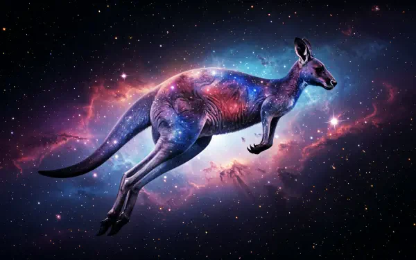 A vibrant kangaroo is depicted leaping through a cosmic landscape, showcasing a stunning galaxy backdrop. This captivating image serves as a 4K Ultra HD desktop wallpaper.