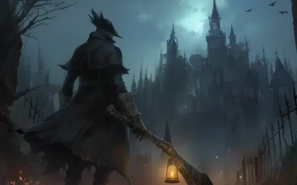 A dark and atmospheric HD wallpaper from the video game Bloodborne, featuring a cloaked figure holding a lantern, standing before a mysterious castle under a moody sky.