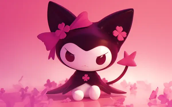 A vibrant HD wallpaper featuring Kuromi from Onegai My Melody, sitting among pink flowers with her signature black outfit and playful expression. Perfect for anime fans.