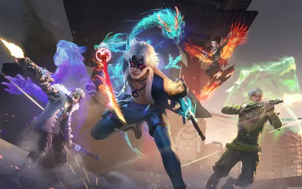 Garena Free Fire video game 4K Ultra HD PC desktop wallpaper: four futuristic fighters and glowing spirit creatures clash amid a neon-lit urban battlefield.