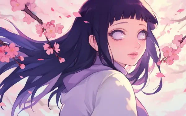 An anime-style HD wallpaper featuring Hinata Hyuga, with flowing hair and a serene expression surrounded by blossoming cherry blossoms.