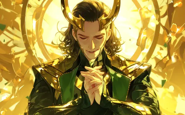 A vibrant HD desktop wallpaper featuring Loki from Marvel Comics, showcasing his iconic green and gold attire with a serene expression against a glowing background.