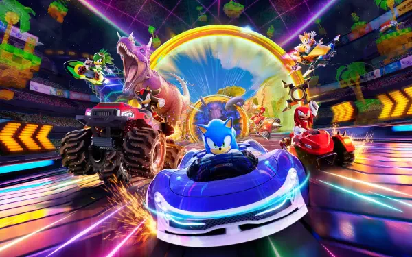 Vibrant 4K Ultra HD Sonic Racing: CrossWorlds wallpaper featuring Sonic the Hedgehog and other characters racing in dynamic, colorful vehicles on a neon-lit track.