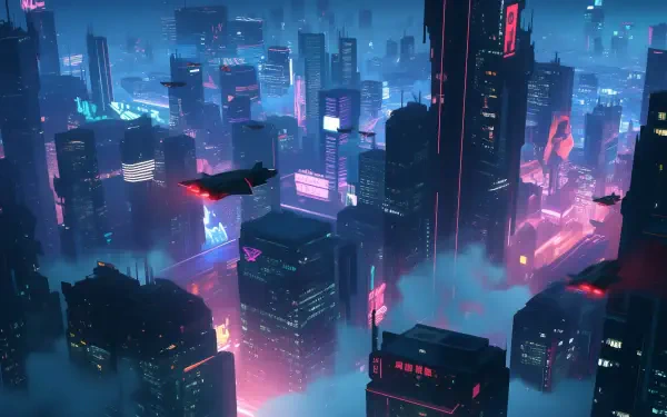 A vibrant cyberpunk cityscape under neon lights, featuring futuristic skyscrapers and flying cars. This HD wallpaper immerses viewers in an electrifying urban environment.